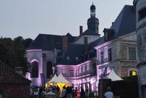 a large building with purple lighting in front of it at A l'ombre du ginkgo in Campagne-lès-Hesdin