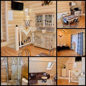 a collage of pictures of a room with wood at Agroturystyka na starej drodze in Witów