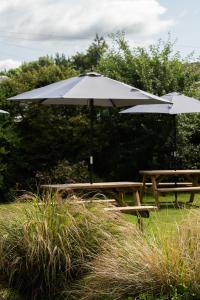 ein Picknicktisch und ein Regenschirm im Gras in der Unterkunft The Smiddy Haugh in Auchterarder