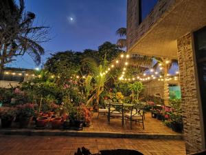 un patio con tavolo, luci e piante in vaso di La Casa De Mi Sub a Puerto Baquerizo Moreno