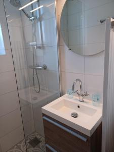 a bathroom with a sink and a shower at Garden cottage Domburg in Domburg