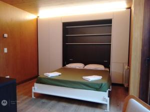 Dormitorio pequeño con cama con cabecero negro en EDIFICIO VIVERo 3, en San Martín de los Andes