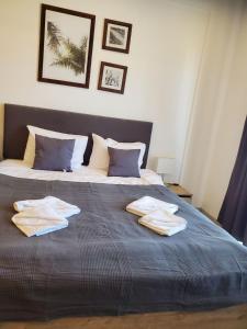 a bedroom with a bed with two towels on it at SkyKop Apartman L21 in Kopaonik