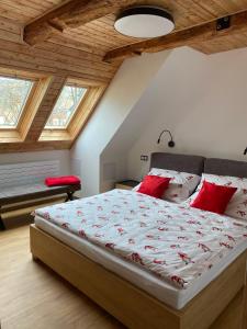 1 dormitorio con 1 cama grande con almohadas rojas en Yes Dream apartment, en Jeseník