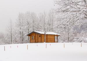 a wooden cabin in a snow covered field at Vikendice Gornja Brezna - Mountain cabin Gornja Brezna in Plužine