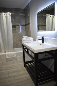 La salle de bains est pourvue d'un lavabo blanc et d'une douche. dans l'établissement Willow Tree Inn & Suites, à Sun Valley