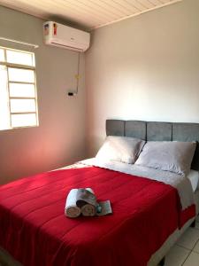 a bedroom with a bed with a red blanket at Quarto Privado em residência no Coração de Foz - casa e banheiro compartilhado in Foz do Iguaçu