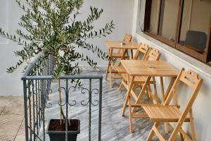 una habitación con mesas y sillas y un árbol en maceta en Me & You Hostel en Tirana