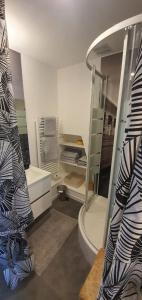 La salle de bains est pourvue d'une douche, de toilettes et d'un lavabo. dans l'établissement Le Deauvillais - Appartement Plein Centre - 4 pers - 2 mn plage - Idéal Famille, à Deauville