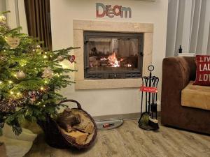 een woonkamer met een kerstboom en een open haard bij The Evergreen Nest - Silver Mountain in Poiana Brasov