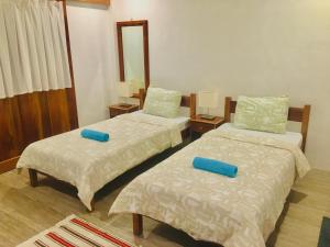 two beds in a room with blue pillows on them at Pahiluna Guesthouse in Panglao