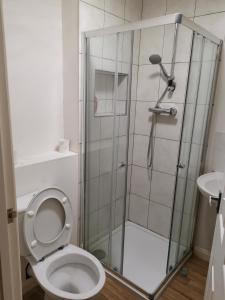 a bathroom with a shower with a toilet and a sink at Maidstone Heights II in Maidstone