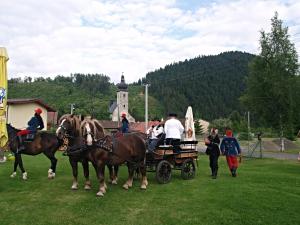 a group of people riding in a horse drawn carriage at Villa Victoria Penzion in Liptovský Ján