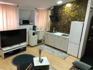a living room with a flat screen tv and a kitchen at Serban Home Arenele Romane Marius Nasta in Bucharest