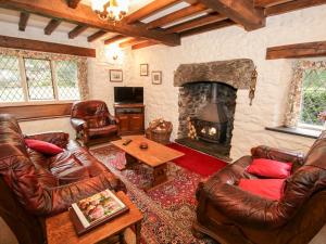 a living room with leather furniture and a fireplace at Nant Cottage in Llanrwst