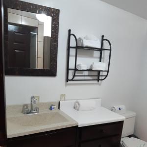 a bathroom with a sink and a mirror and a toilet at #7 Beach Front Private Room in San Felipe