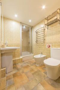 ein Bad mit einem WC, einem Waschbecken und einer Dusche in der Unterkunft Трехкомнатная квартира на Крещатике in Kiew