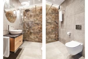two pictures of a bathroom with a toilet and a sink at Szpitalna 9 Residence in Kraków +66 photos