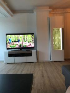 sala de estar con TV de pantalla plana grande en Haus Arkona - Meeresrausch, en Binz