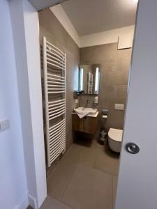 bagno con lavandino, servizi igienici e specchio di Villa Flöckner Bed & Breakfast a Salisburgo