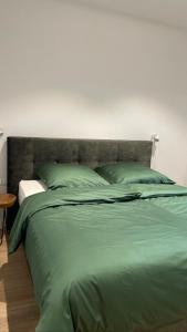 1 cama verde grande con sábanas y almohadas verdes en Meine Schule Sehlingen, stilvollem Studio auf dem Land, en Kirchlinteln