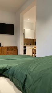 1 dormitorio con 1 cama verde y cocina en Meine Schule Sehlingen, stilvollem Studio auf dem Land, en Kirchlinteln