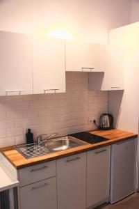 a kitchen with a sink, stove, and refrigerator at Apartament Kattowitz in Katowice