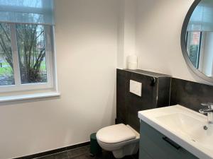 a bathroom with a toilet and a sink and a mirror at Meine Schule Sehlingen, stilvollem Studio auf dem Land in Kirchlinteln