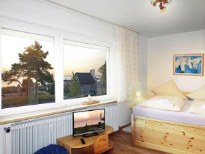 een slaapkamer met een bed, een tv en 2 ramen bij STR-101-Strandallee-124-Seeblick in Scharbeutz