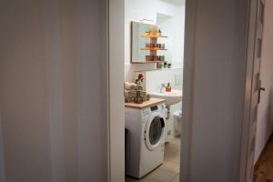 a bathroom with a washing machine and a sink at FeWo 04 im Carré Charlott in Pulsnitz