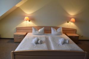 ein Schlafzimmer mit einem großen Bett mit zwei Kissen in der Unterkunft Hotel Trebeltal in Demmin