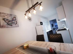 a kitchen with a table and a butterfly painting on the wall at Ema Studio Apartman in Karlovac