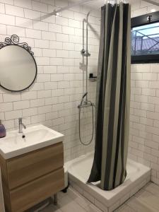 łazienka z zasłoną prysznicową i umywalką w obiekcie Le Studio Sausset w mieście Sausset-les-Pins