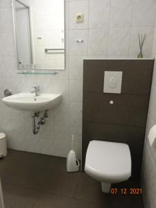 a bathroom with a white toilet and a sink at Ferienwohnungen Pilke in Oranienburg
