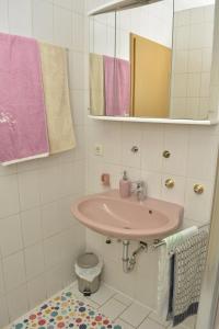 a bathroom with a pink sink and a mirror at Ferienwohnung Elisabeth in Egloffstein