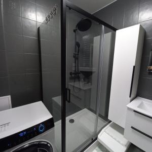 y baño con ducha y puerta de cristal. en Apartament Plater, en Pruszcz Gdański