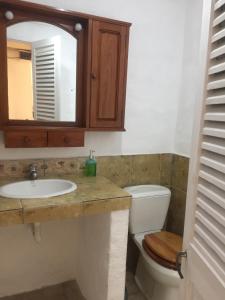 a bathroom with a sink and a toilet and a mirror at Casa Calma in Colonia del Sacramento