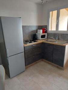 a kitchen with a refrigerator a sink and a microwave at Résidence Les Pavillons du Belvédère in Porto-Vecchio
