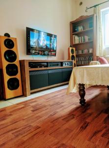 salon z telewizorem z płaskim ekranem w centrum rozrywki w obiekcie Villa the Platanus Tree w mieście Káto Vasilikí
