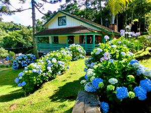 una casa con flores azules delante de ella en Chalé Memórias 1945, Cascata do Caracol, Canela-RS en Canela