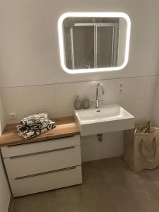 a bathroom with a sink and a mirror at Feriendomizil an der Warnow in Rostock