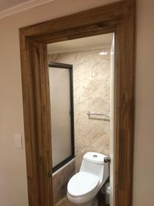 a bathroom with a white toilet and a window at Hostal Luna del Mar 840-B in La Serena