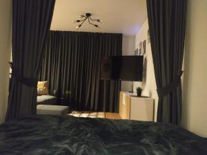a bedroom with a bed and a flat screen tv at Studija Alytuje in Alytus