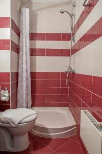 パンポロボにあるApartments in Complex Grand Manastiraの赤と白のバスルーム(トイレ、シャワー付)