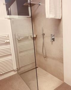y baño con ducha y puerta de cristal. en Apartment Lilli mit Garagenstellplatz, en Bresanona