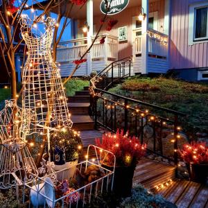 a porch decorated for christmas with lights at Wanha Neuvola Guesthouse & Apartment in Pieksamaki