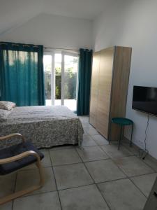 1 dormitorio con 1 cama, TV y silla en Studio Terrasse - Parking gratuit, en Orléans