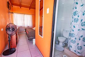 a bathroom with a toilet and a fan in it at hostal nuevo sol y viento in San Pedro de Atacama