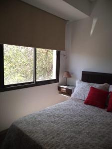 Un dormitorio con una cama con almohadas rojas y una ventana en OLASCOAGA DOS monoambiente en Mendoza