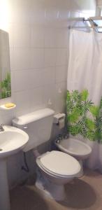 een badkamer met een toilet, een wastafel en een douchegordijn bij Casa dos dormitorios en excelente ubicación in San Rafael